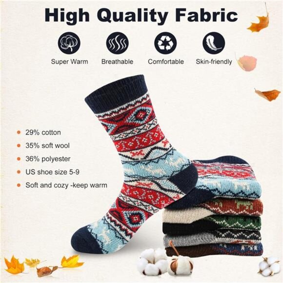 New 5 Pairs Wool Socks for Women - Cute Fuzzy Warm Colorful Crew Socks - Picture 4 of 6